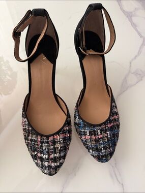 Anthropologie Ankle-Strap Tweed Pointed-Toe Pumps in Black Multicolor